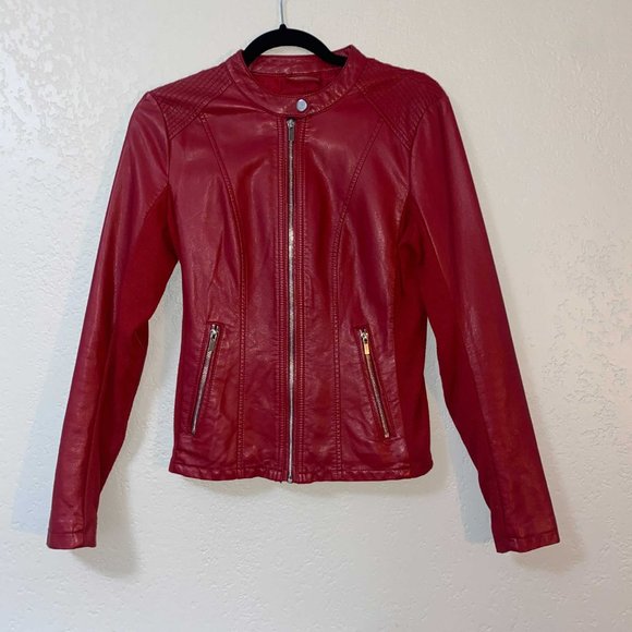 Kenneth Cole Reaction Red Soft Faux Leather Jacket Small Stretch Fabric Inserts - Picture 5 of 6